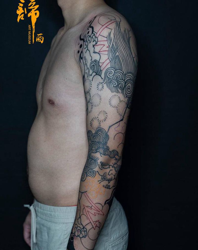 唐狮花臂纹身图片_手臂手部老传统新传统纹身图案