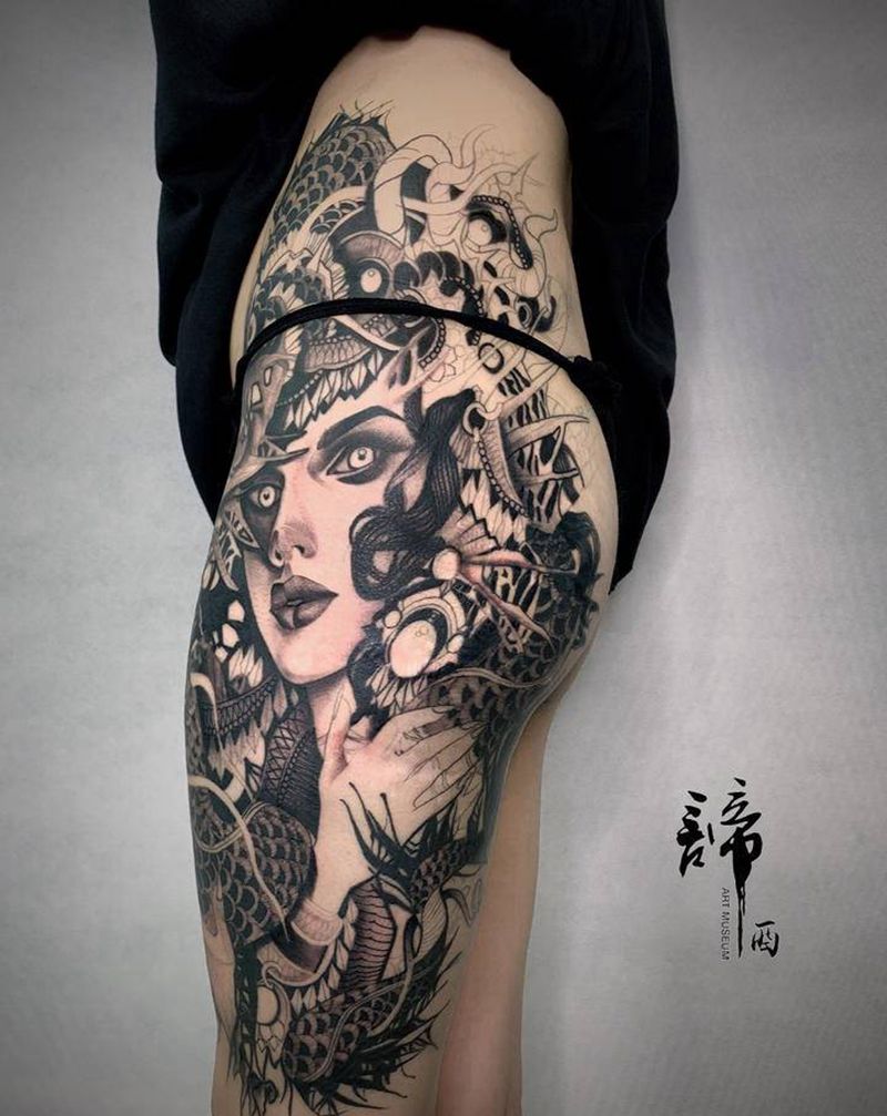 女郎纹身图片_腿部New School纹身图案