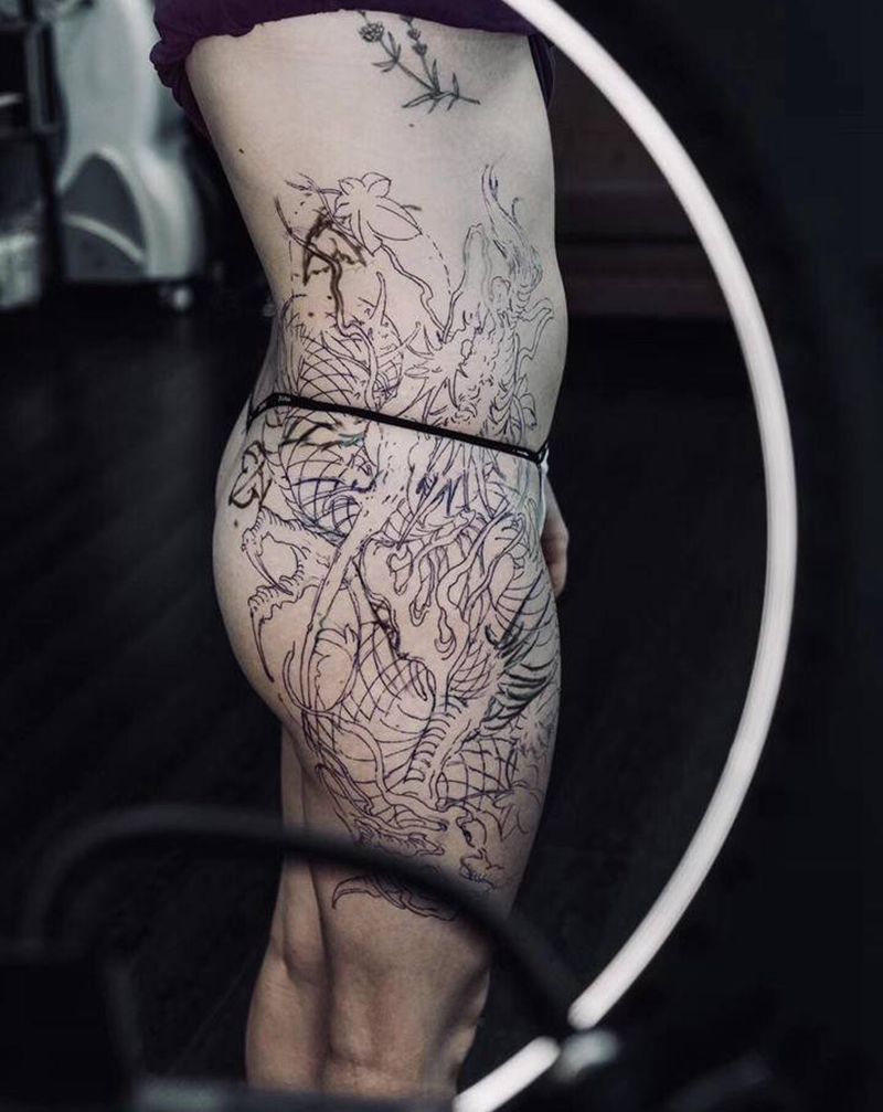 新传统侧腰纹身图片_腰部新传统纹身图案