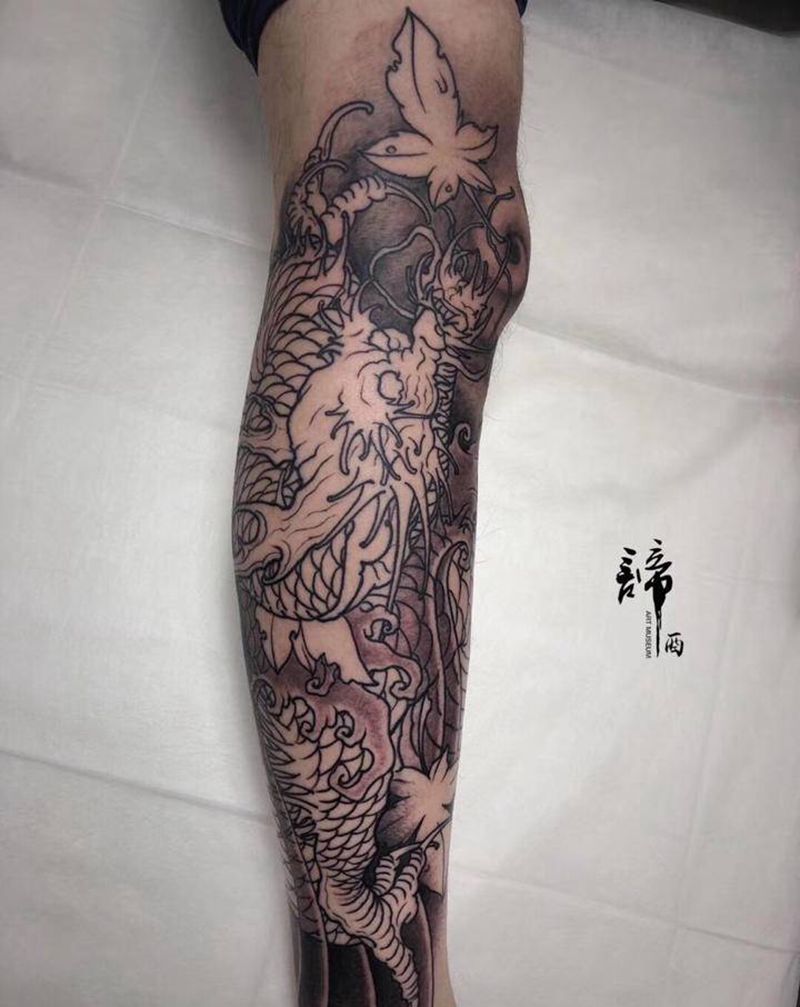 传统龙纹身图片_腿部新传统老传统纹身图案