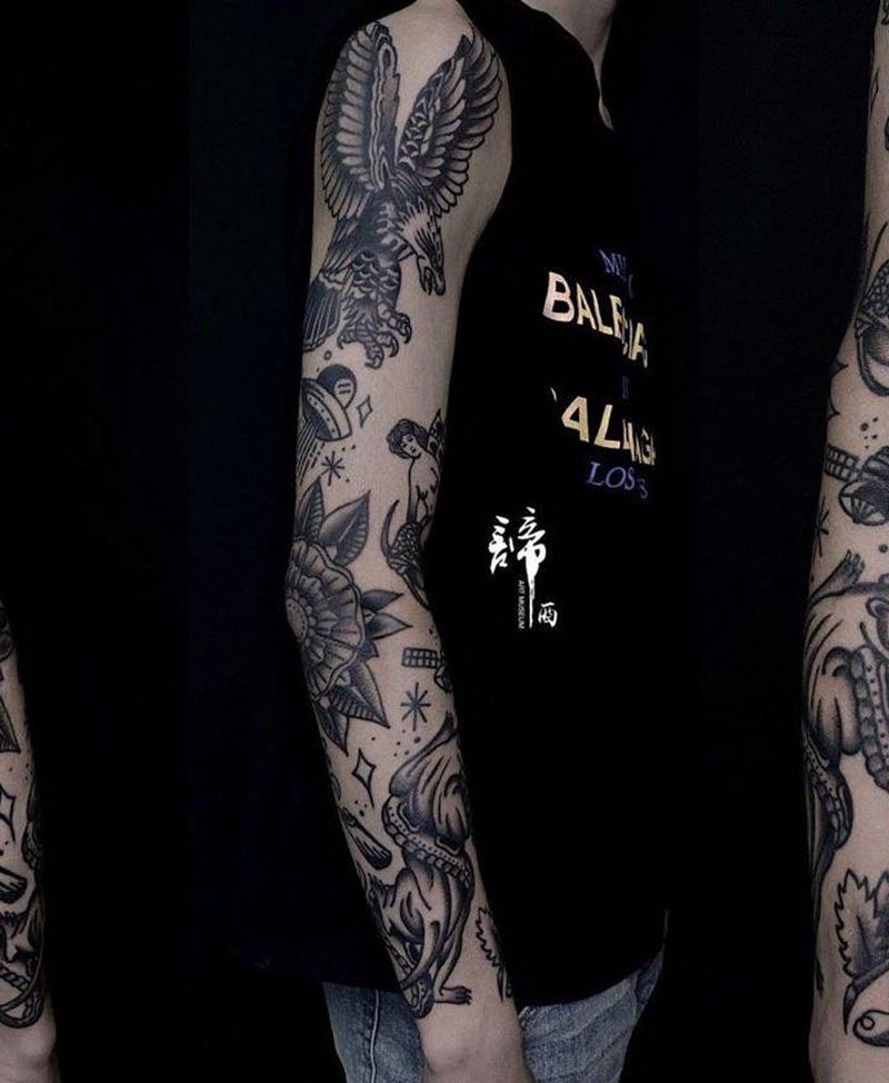 school拼接花臂纹身图片_手部手臂Old School纹身图案