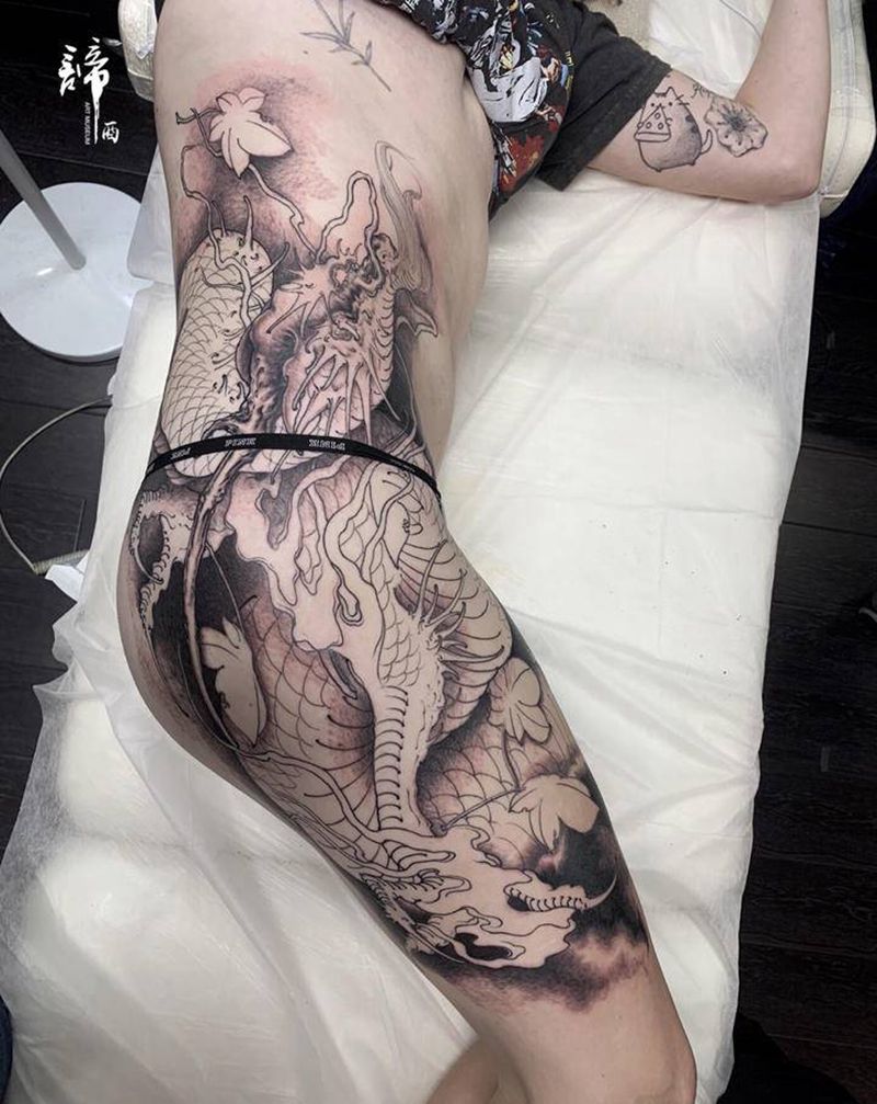 花腿龙纹身图片_腿部新传统纹身图案