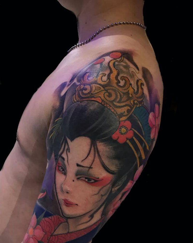 大臂艺妓（2018年作品）纹身图片_手臂手部新传统老传统纹身图案