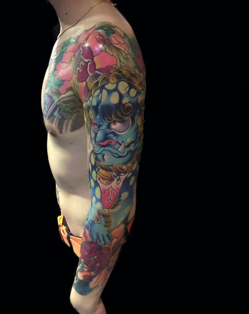 遮盖唐狮花臂（2017年作品）纹身图片_手部手臂老传统新传统纹身图案