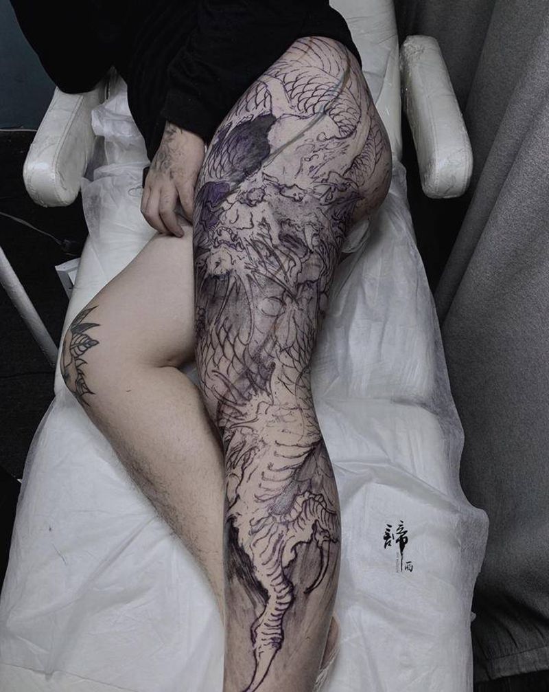 龙纹身图片_腿部新传统纹身图案