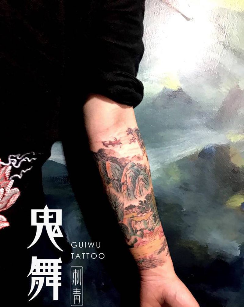 山水画纹身图片_手臂传统国画成品纹身图案