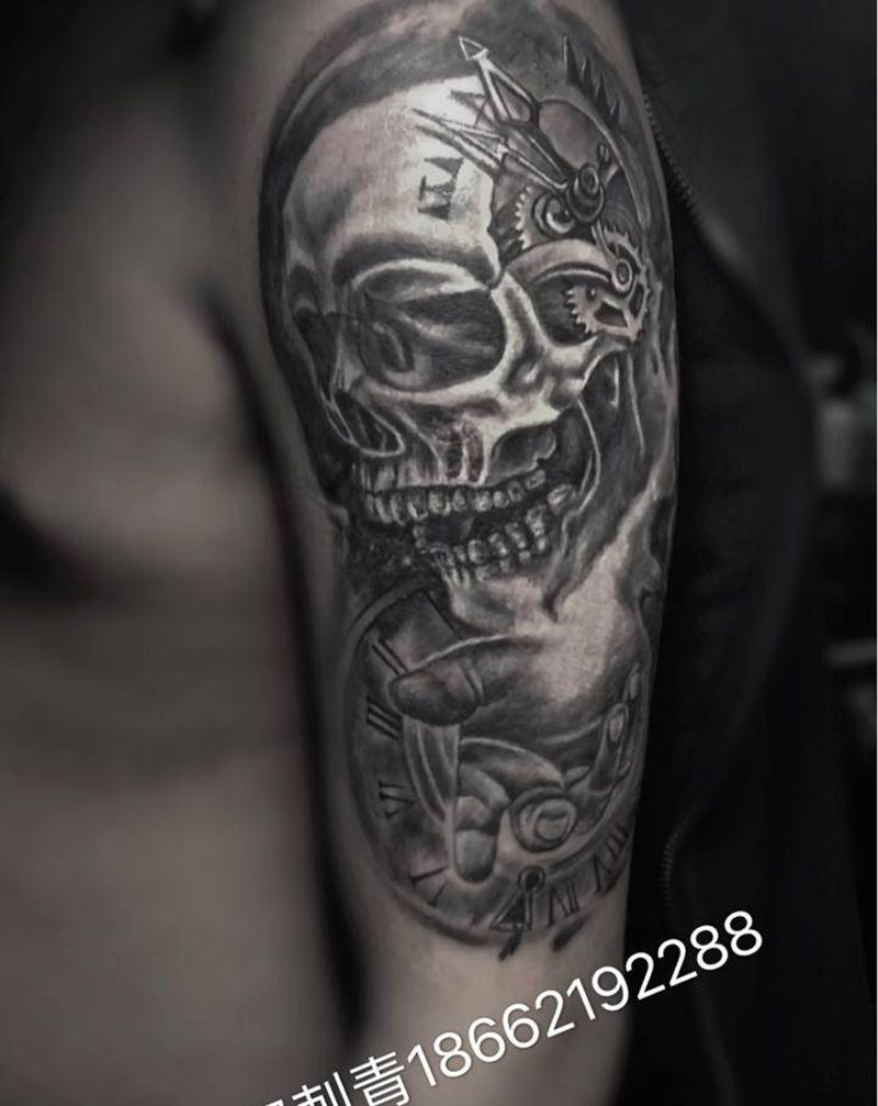 欧美骷髅纹身图片_手臂欧美写实骷髅纹身图案
