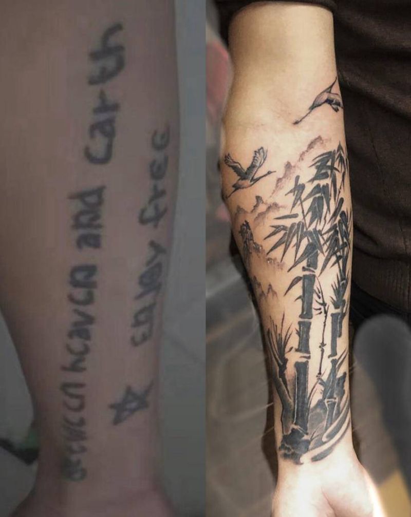 水墨竹子遮盖作品纹身图片_手臂水墨竹子纹身图案