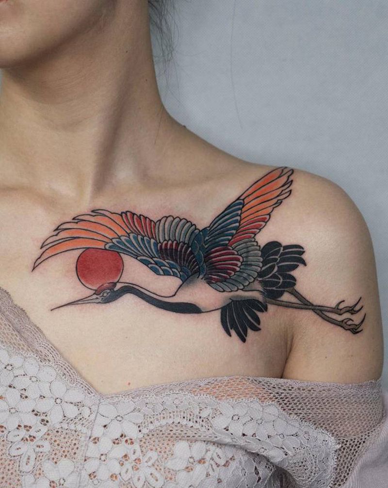 仙鹤遮盖纹身图片_手臂腰部老传统新传统纹身图案