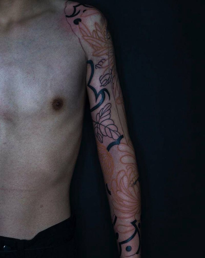 老传统菊花花臂纹身图片_手臂手部老传统新传统纹身图案