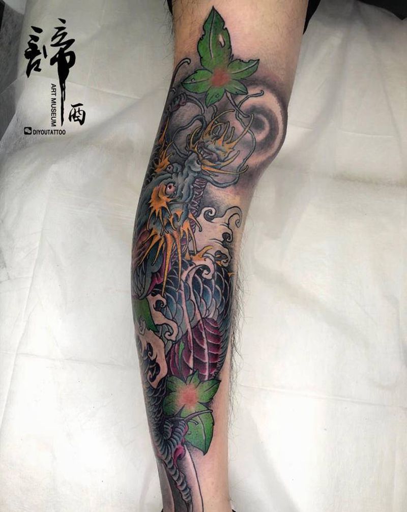 龙纹身图片_腿部新传统纹身图案
