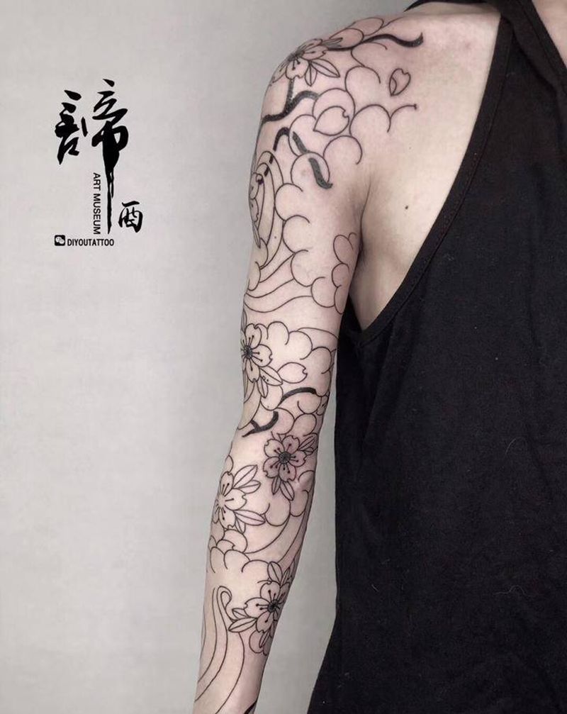 老传统樱花花臂纹身图片_手臂老传统新传统纹身图案