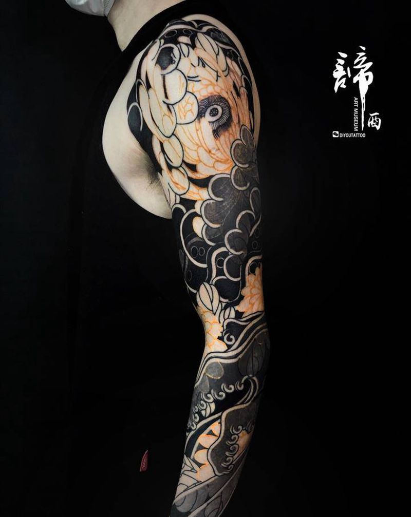 菊花花臂纹身图片_手臂新传统纹身图案