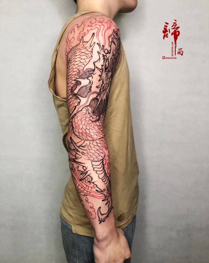 新传统龙花臂纹身图片_手臂新传统老传统纹身图案