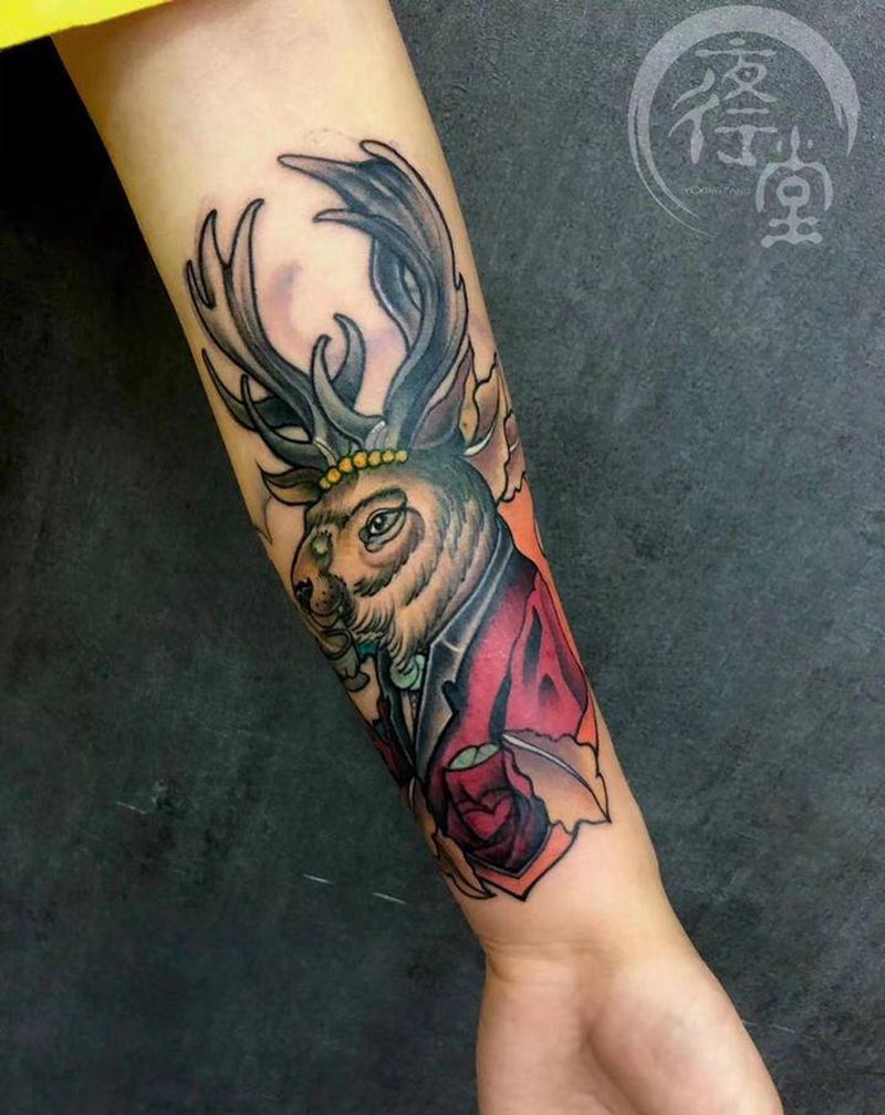 麋鹿遮盖作品纹身图片_手臂手部Old School水彩纹身图案