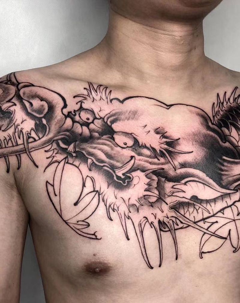 花胸龙纹身图片_胸部新传统龙枫叶纹身图案