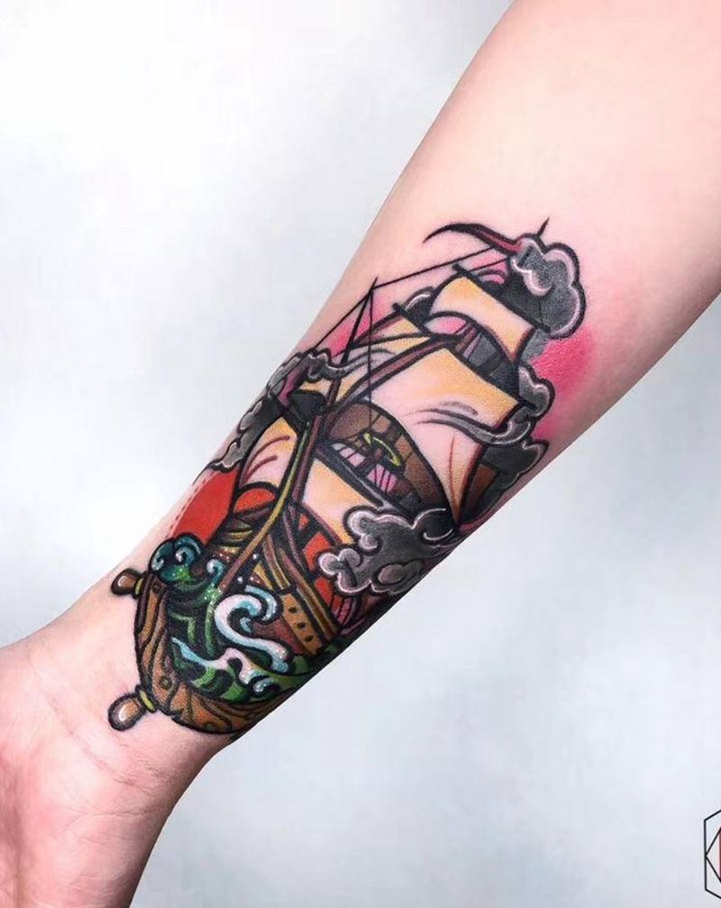 School小臂纹身图片_手臂New School船花纹身图案