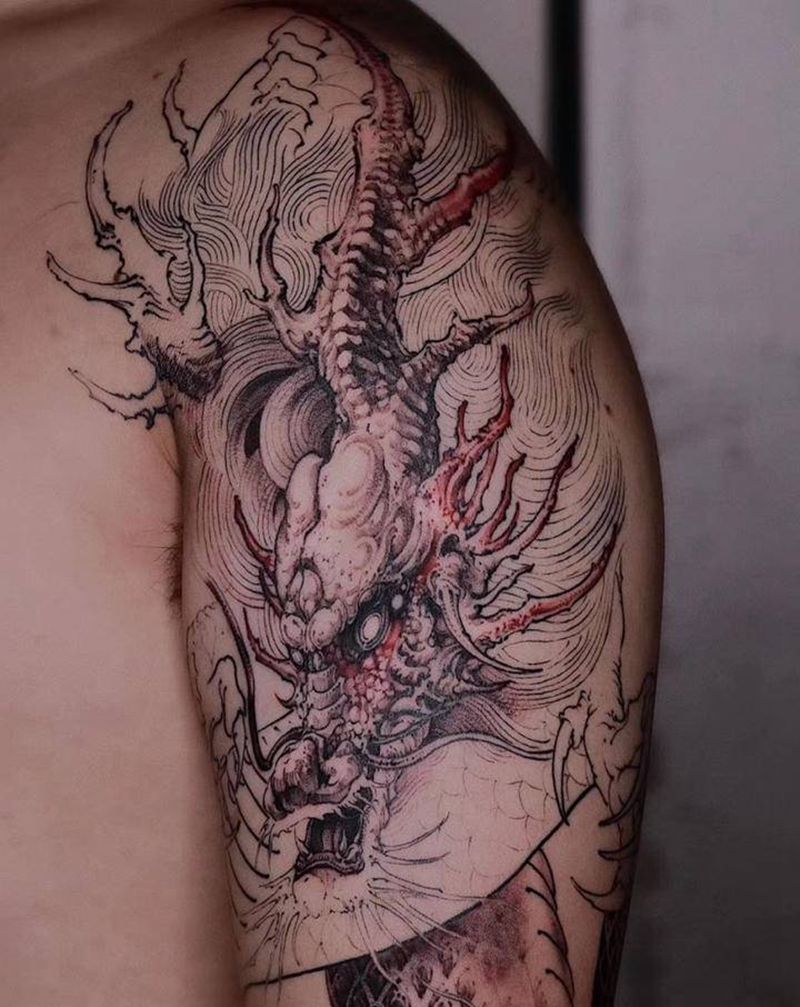 新传统龙花臂纹身图片_手臂新传统龙蛇纹身图案