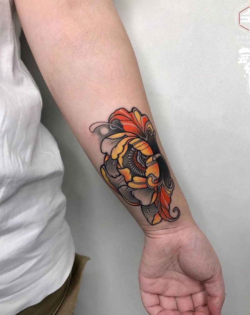 ［牡丹］遮盖作品纹身图片_手臂Old School牡丹纹身图案