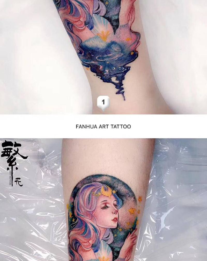 彩色泼墨纹身图片_腿部水彩纹身图案