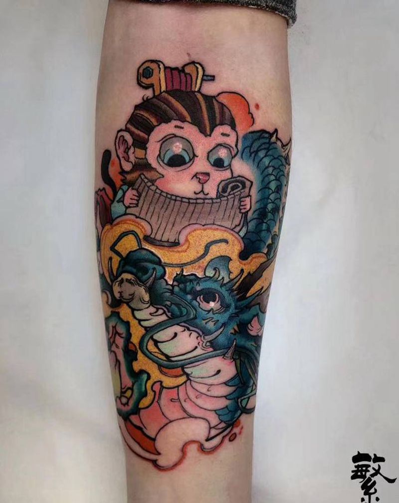 齐天大圣纹身图片_手臂新传统孙悟空龙纹身图案