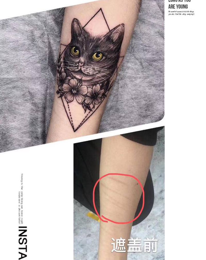 猫咪遮盖作品纹身图片_手臂水墨欧美写实猫彼岸花纹身图案