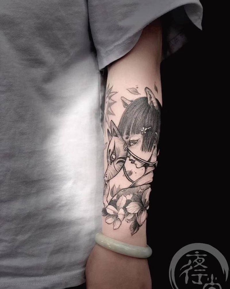 艺妓纹身图片_手臂新传统点刺纹身图案