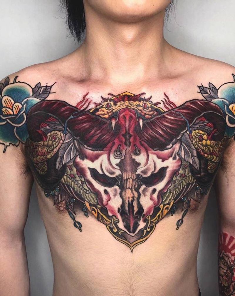 花胸羊➕手臂拼接纹身图片_手臂胸部Old School羊青蛙鲸鱼纹身图案