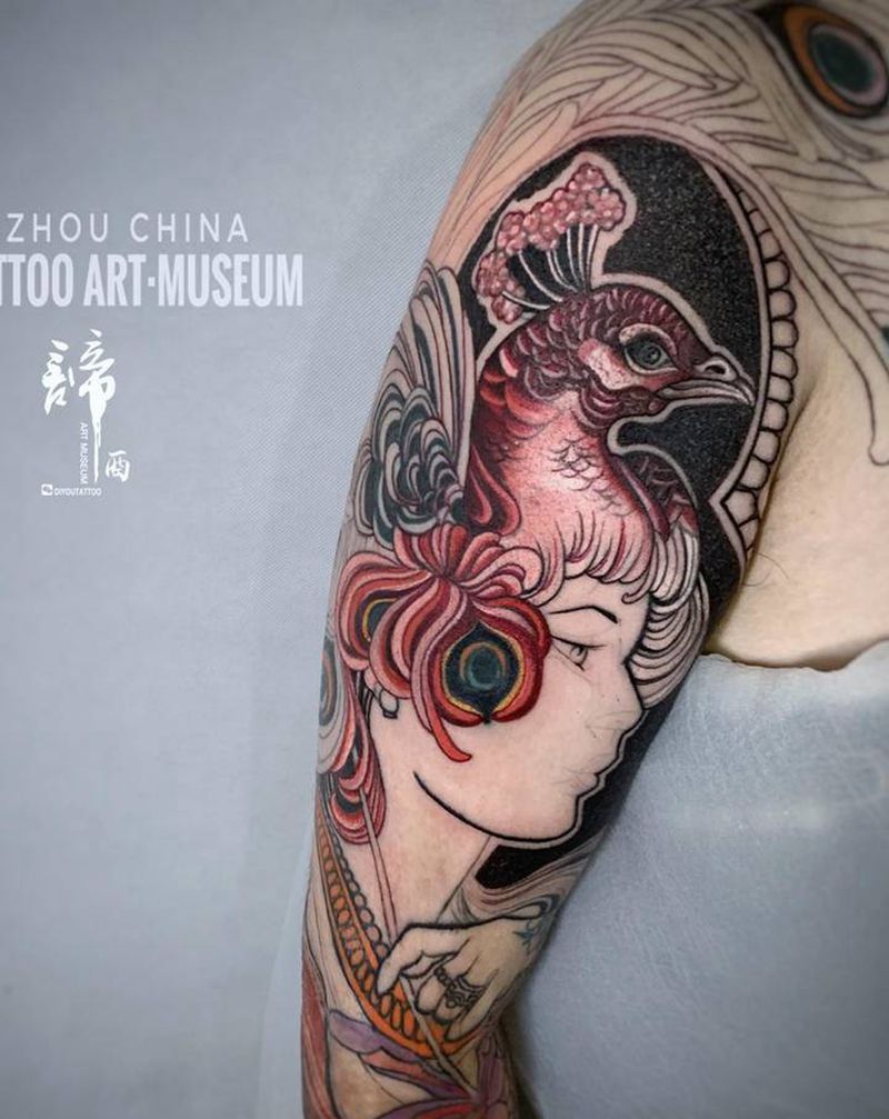 孔雀花臂纹身图片_手臂New School纹身图案