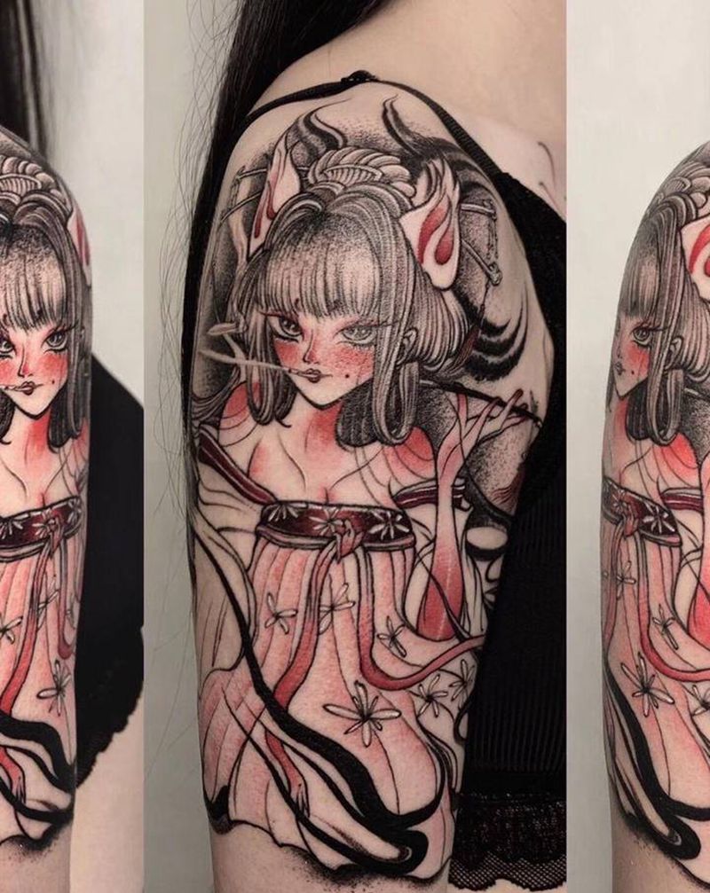 ［玉藻前］｜私人·高端定制 —纹身图片_手臂老传统玉藻前纹身图案