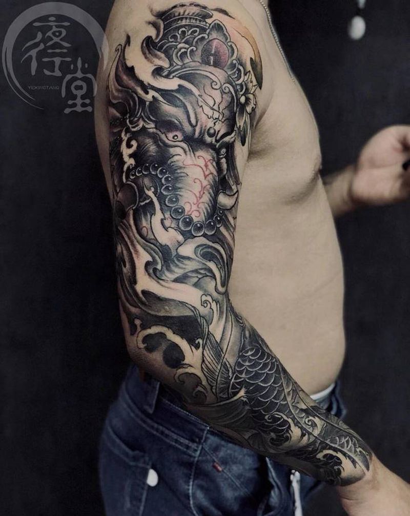 象神锦鲤花臂纹身图片_手臂腿部新传统老传统纹身图案