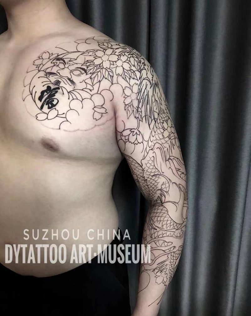 樱花龙达摩花臂十半胛纹身图片_手臂老传统纹身图案