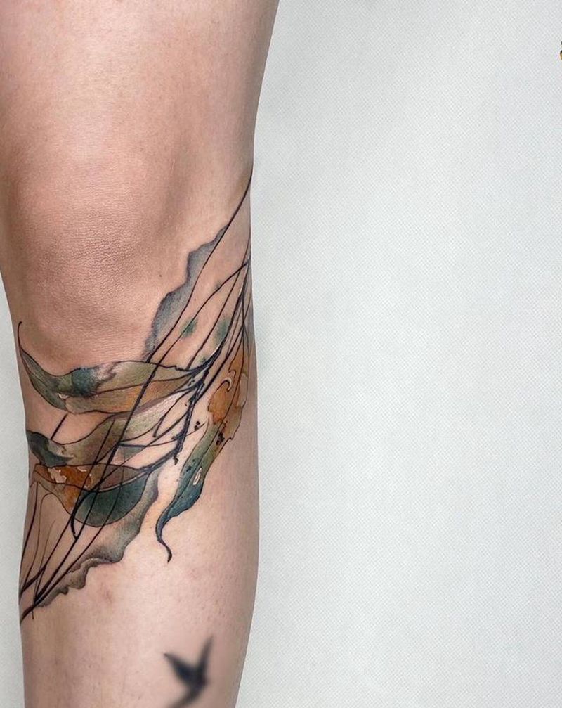 泼墨叶纹身图片_腿部水墨秋叶纹身图案