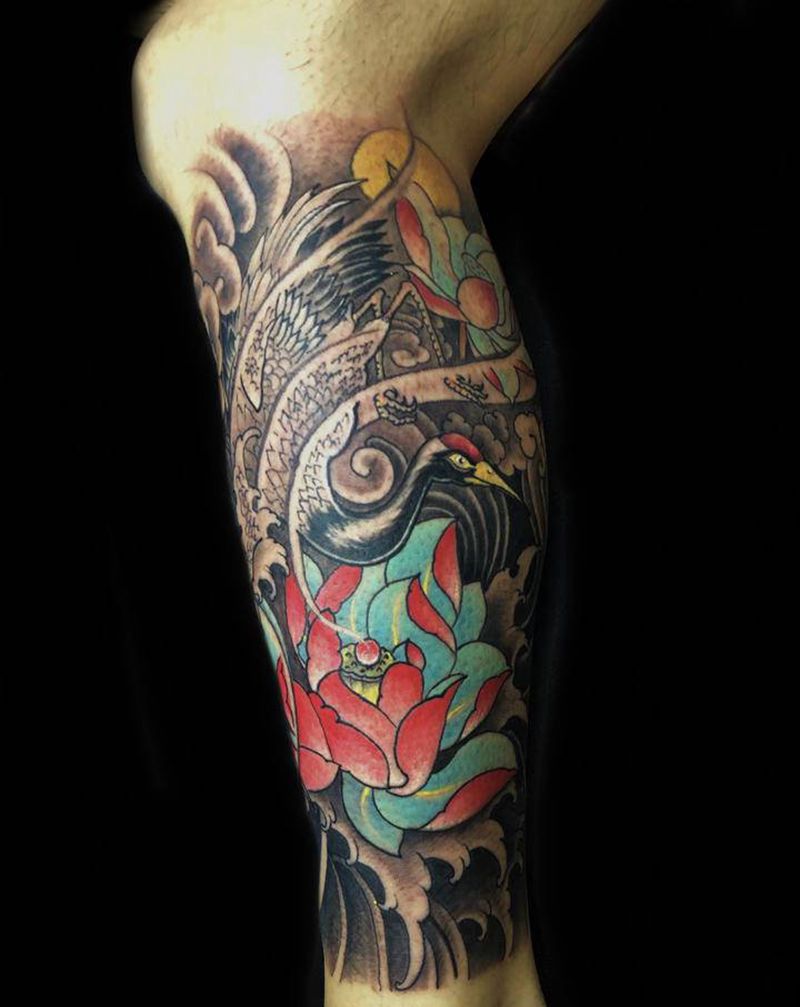 仙鹤纹身图片_腿部新传统纹身图案