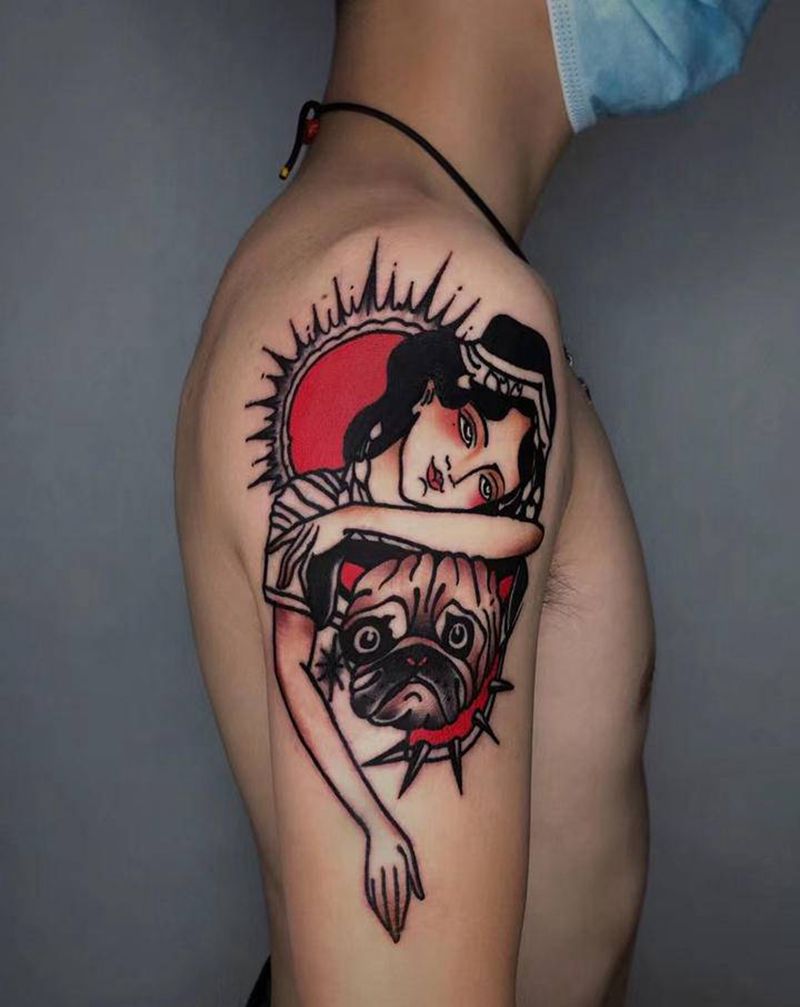 女郎※法斗纹身图片_手臂Old School女郎法斗纹身图案