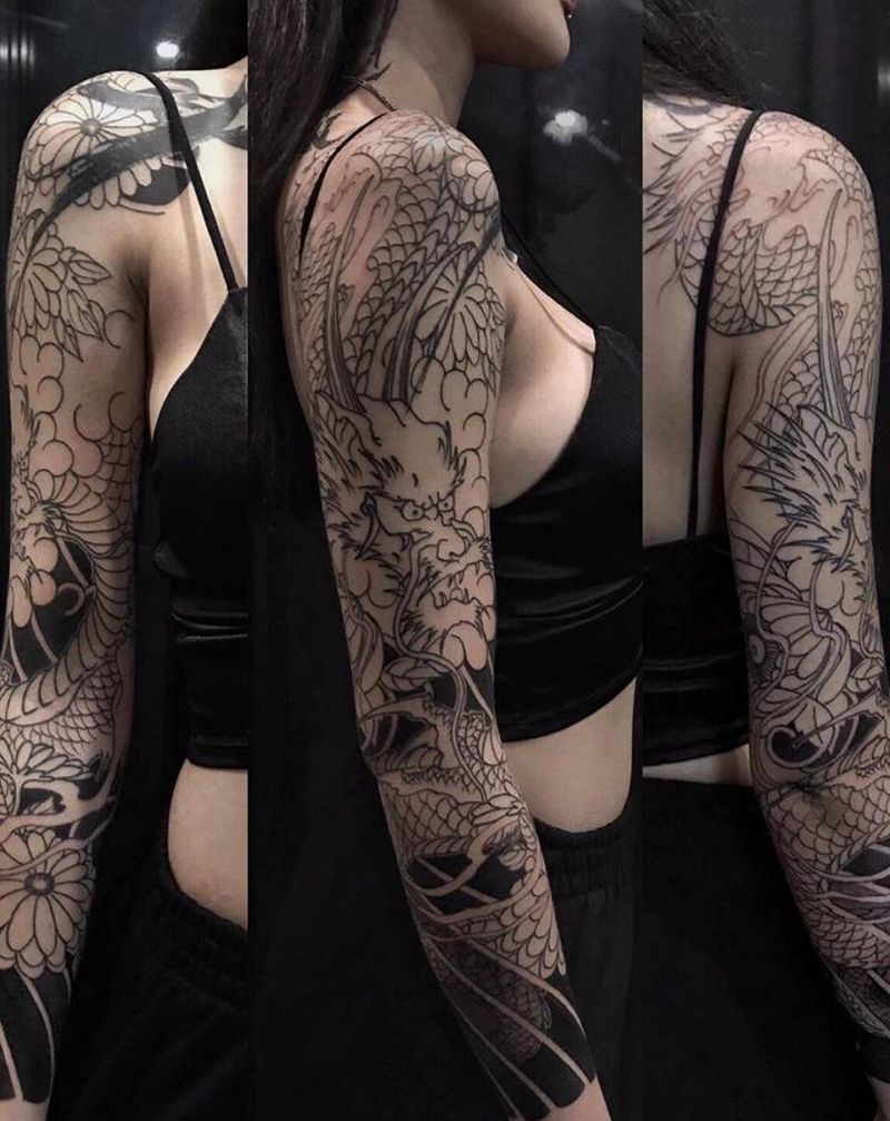 花臂龍纹身图片_腿部老传统新传统纹身图案