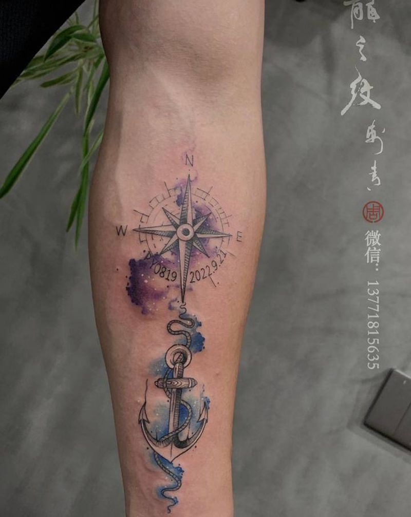 情侣水彩纹身图片_手臂水彩指南针船锚水彩纹身图案