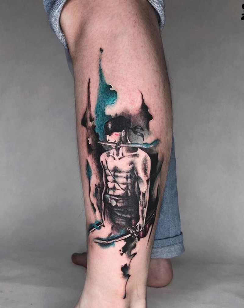 水墨风［索隆］纹身图片_腿部水墨索隆纹身图案