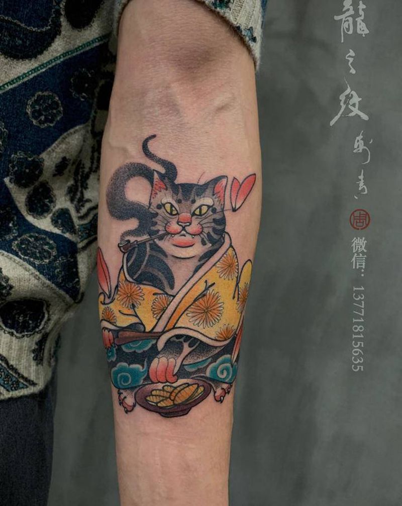 猫老大纹身图片_手臂老传统猫纹身图案
