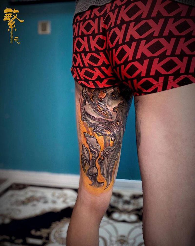 ［严重烫伤遮盖］·生化骨骼风格纹身图片_腿部欧美写实生化骨骼纹身图案