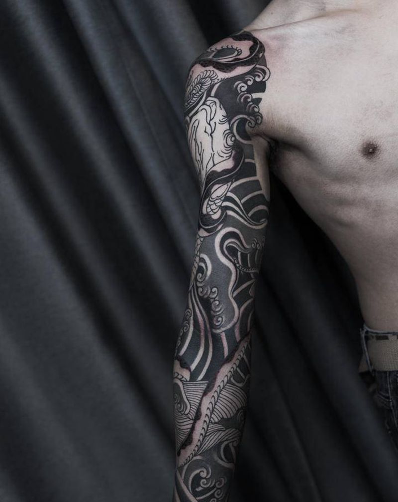 花臂纹身图片_手臂手部老传统新传统纹身图案