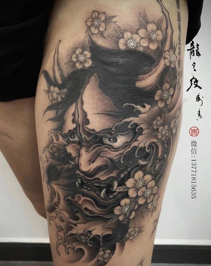 般若纹身图片_腿部新传统般若樱花浪纹身图案