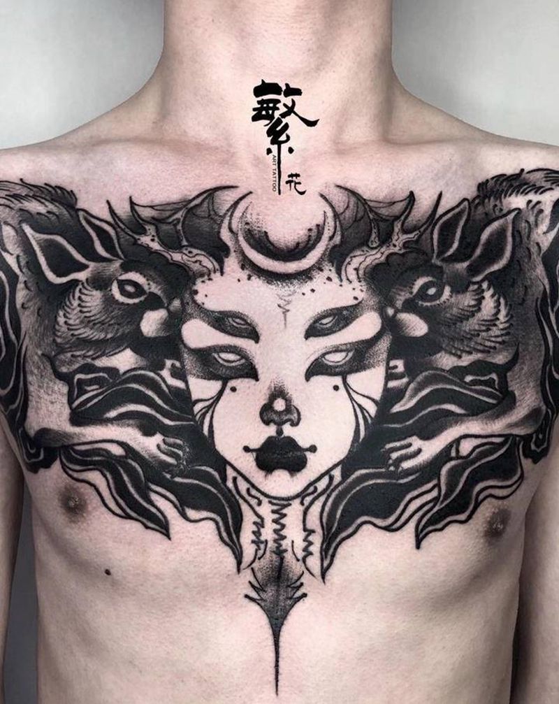 暗黑系|兔子|月野兔 #花胸纹身图片_胸部Old School欧美写实月野兔纹身图案