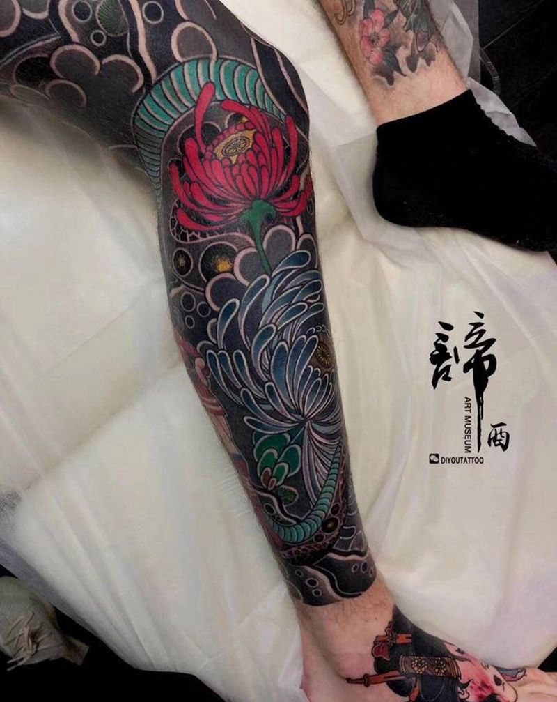 梅森的老火腿纹身图片_腿部老传统纹身图案