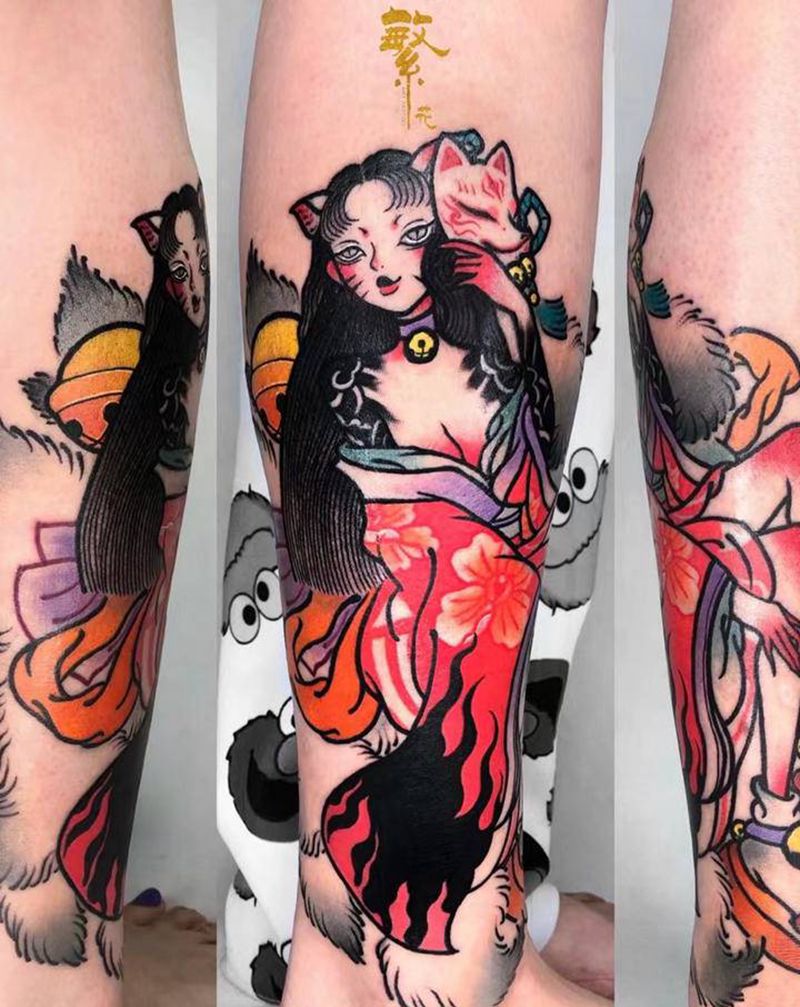 ［玉藻前］·私人设计·遮盖作品纹身图片_腿部New School玉藻前纹身图案