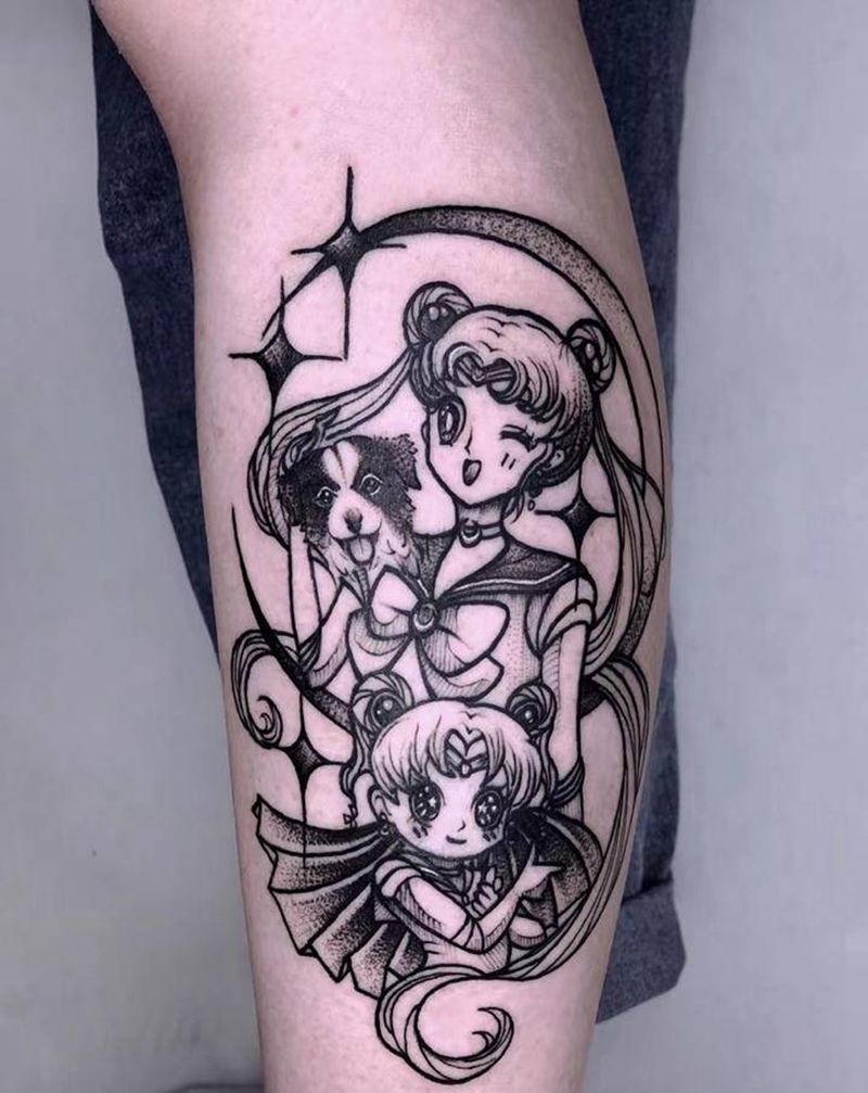 「水冰月」私人订制纹身图片_腿部Old School水冰月边牧纹身图案