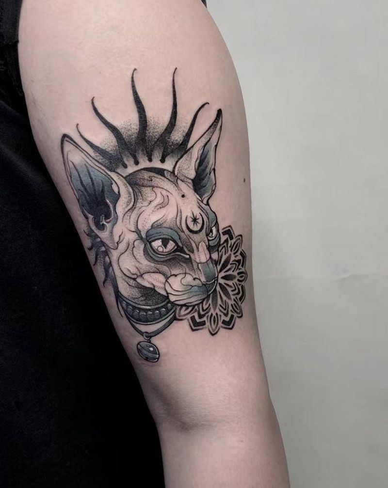 斯芬克斯·私人订制纹身图片_手臂点刺New School斯芬克斯猫纹身图案