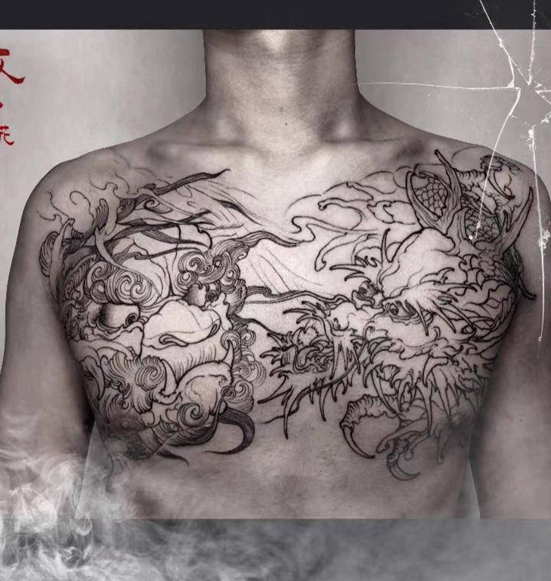 新传统［唐狮※龙］纹身图片_胸部新传统唐狮龙纹身图案