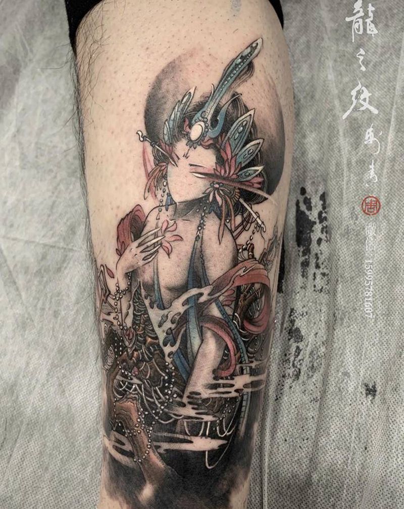 紧那罗纹身图片_腿部新传统纹身图案