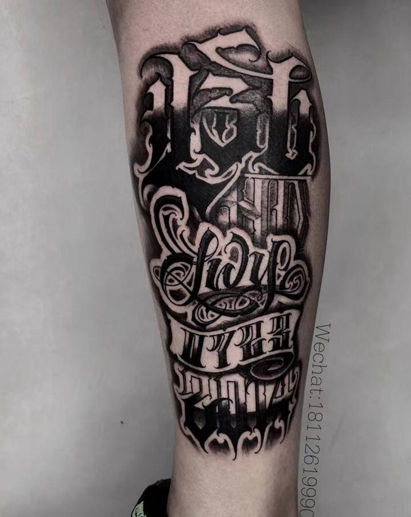 组合花体字｜私人订制款纹身图片_腿部花体字纹身图案